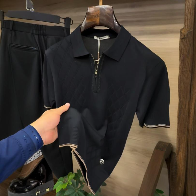 Men's Classic Black Zipper Polo Shirt